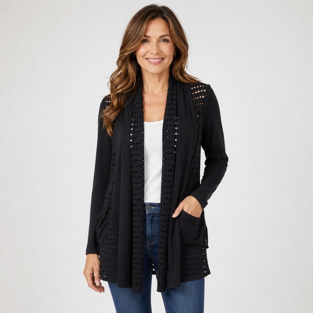 Joseph Ribkoff Open Long Cardigan Jacket Womens 6 Black Mesh Stretch Pockets